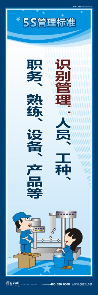 關于5s的標語 識別管理：人員、工種、職務、熟練、設備、產(chǎn)品等