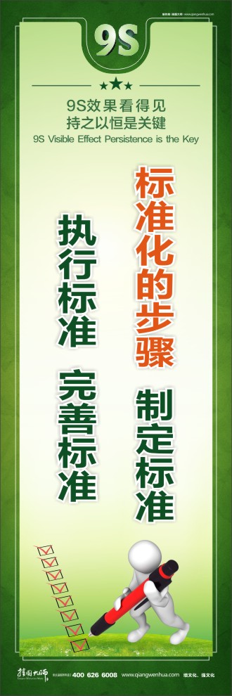 9S標(biāo)準(zhǔn)化的步驟：制定標(biāo)準(zhǔn)、執(zhí)行標(biāo)準(zhǔn)、完善標(biāo)準(zhǔn)